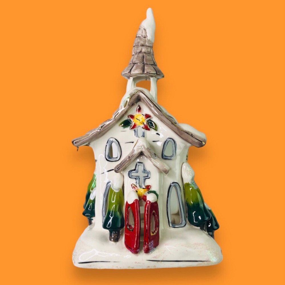 2009 Blue Sky Holiday Village Church Candle Lite Light holder Glittery Ceramic